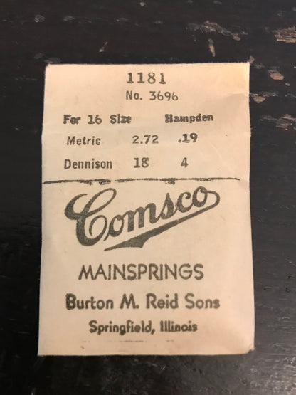 Comsco Mainspring #1181 for 16s Hampden Factory No. 3696 - Steel
