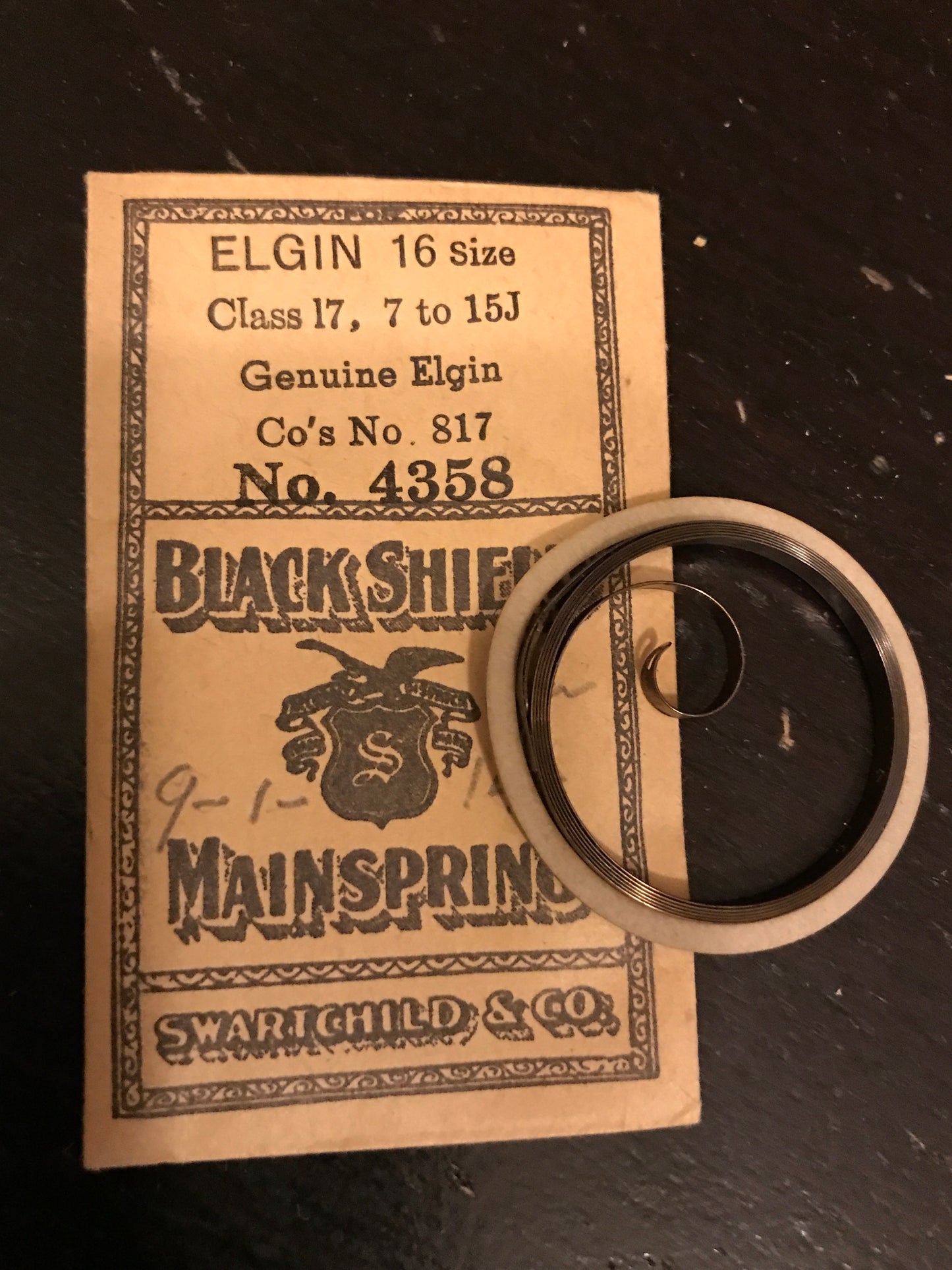 Swartchid Black Shield Mainspring for 16s Elgin Pocket Watch No. 817 - Steel