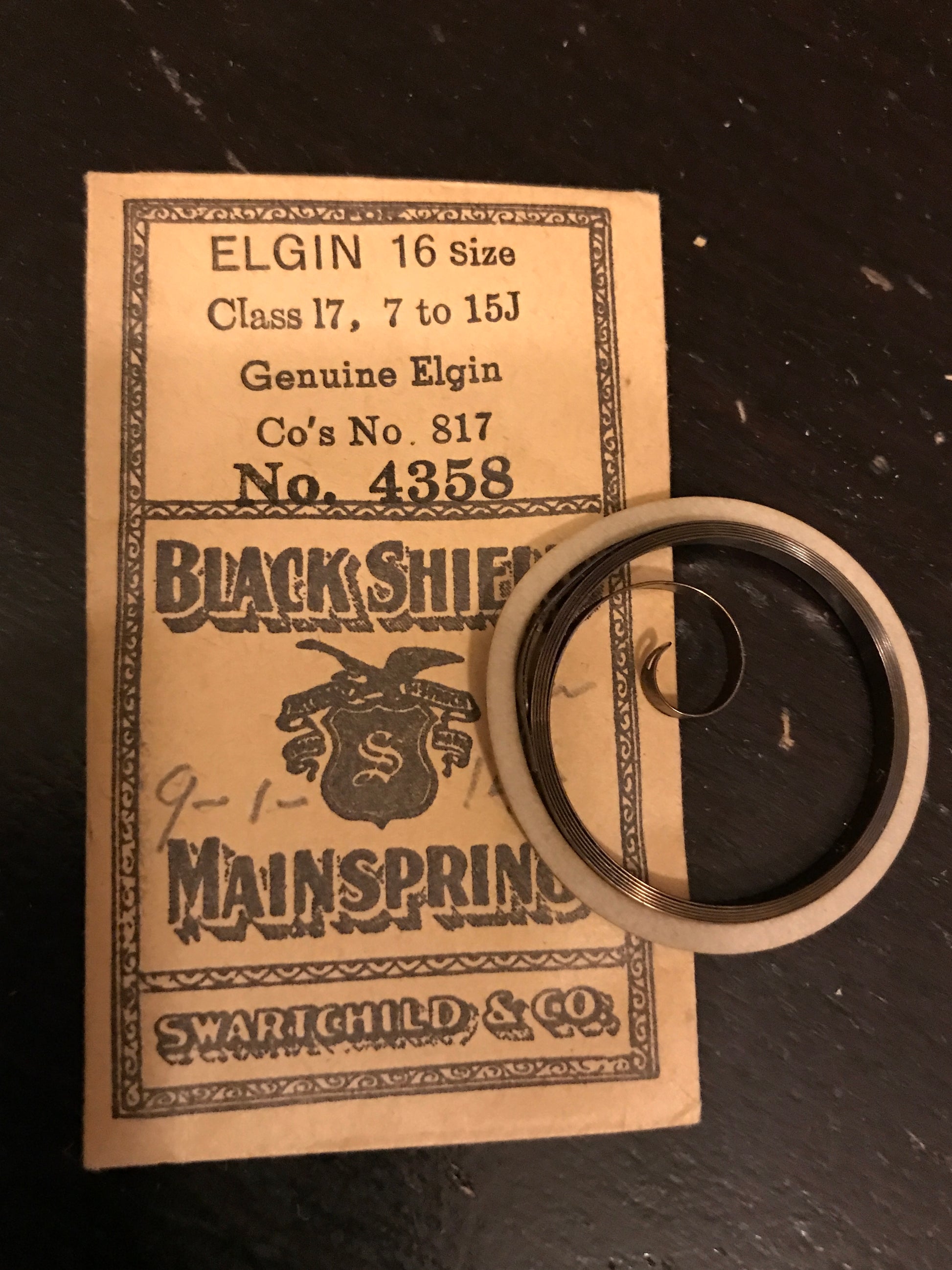 Swartchid Black Shield Mainspring for 16s Elgin Pocket Watch No. 817 - Steel