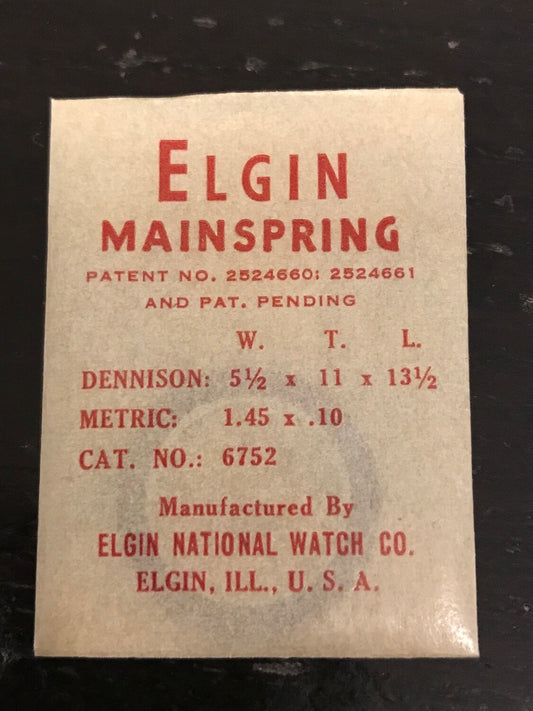Elgin Factory Mainspring for 8/0s Grade 629 No. 6752 - Alloy
