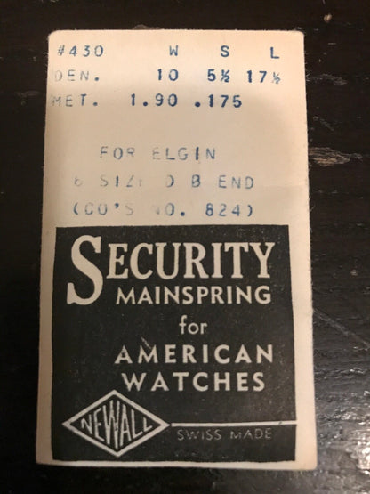 Newall Security Mainspring #430 for Elgin 6s Factory No. 824 - Steel