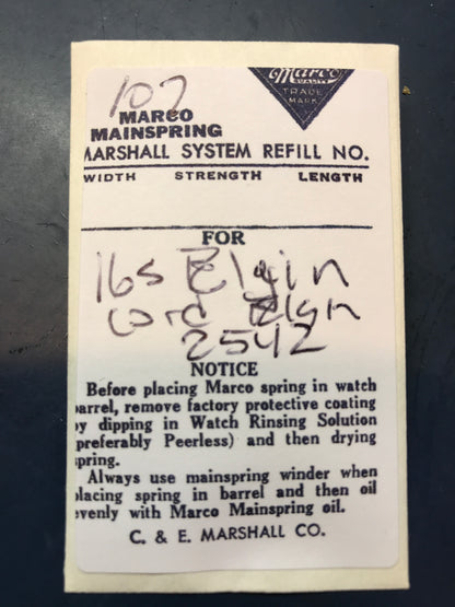 Marco Mainspring #107 for Elgin 16s Lord Elgin Factory No. 2542 - Steel