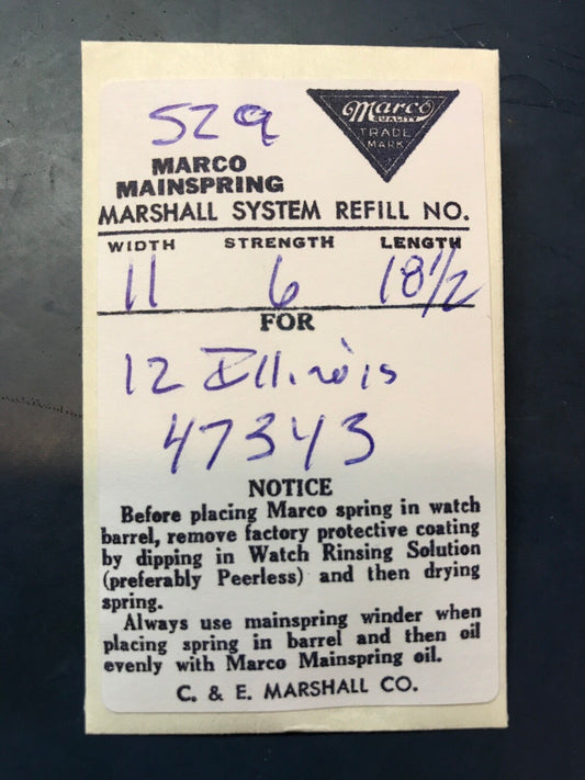 Marco Mainspring #529 for 12s Illinois Factory No. 47343 - Steel