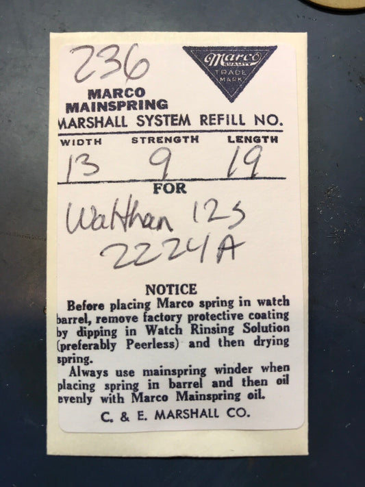 Marco Mainspring No.236 for 12s Waltham 21j #2224A - Steel