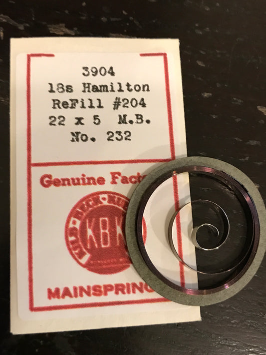 KBK Mainspring #3904 for Hamilton 18s Factory No. 232 - Steel