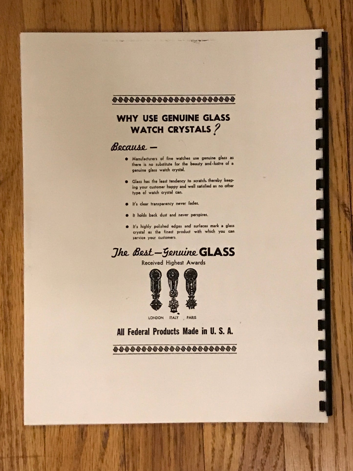 FEDERAL "GEMS" Watch Crystal Catalog No. 7M from 1950's reprint