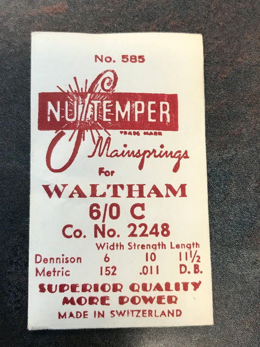 NuTemper Mainspring #585 for Waltham 6/0s "C" Factory No. 2248 - Steel