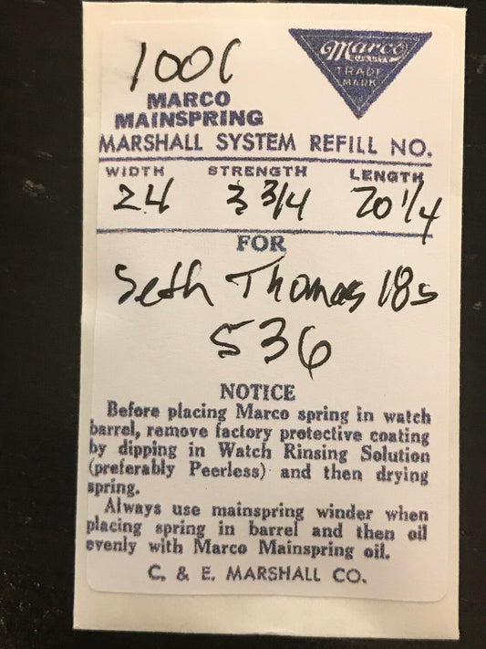 Marco Mainspring #1001 for 18s Seth Thomas Factory No. 536 - Steel