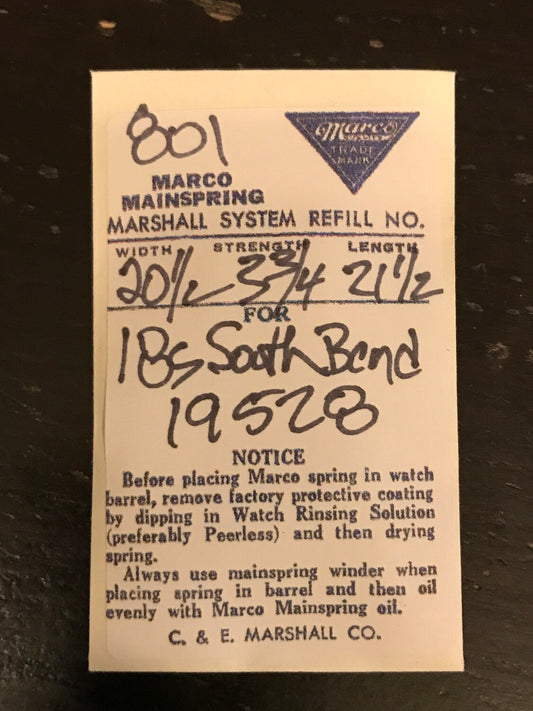Marco Mainspring #801 for 18s South Bend Factory No. 19528 - Steel