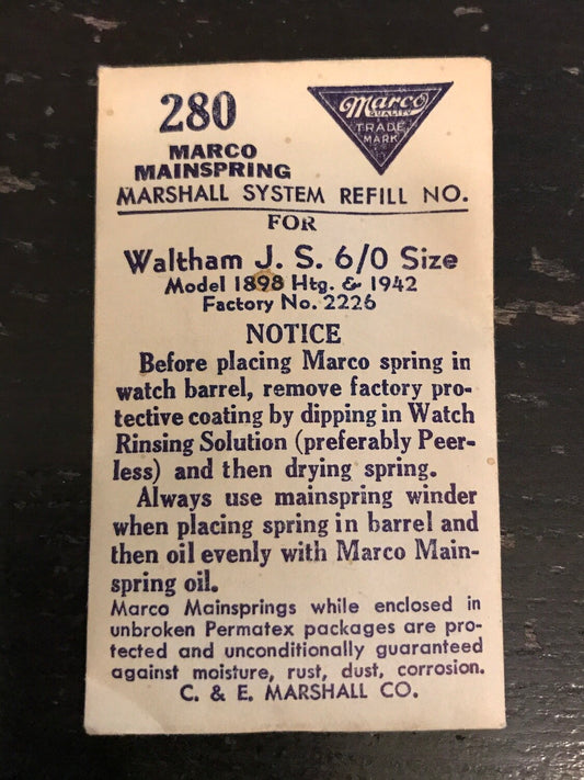 Marco Mainspring #280 for Waltham 6/0s Jewel & 1942 Series No. 2226 - Steel