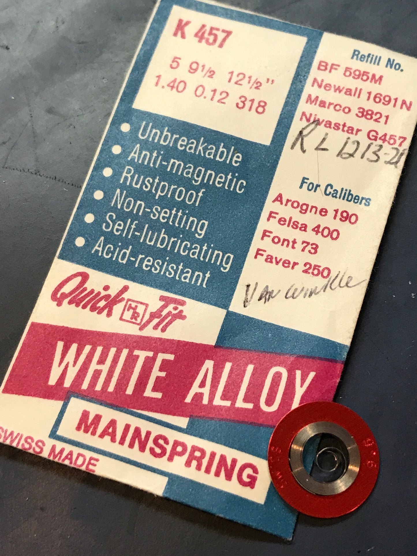 HR Quick Fit Mainspring K457 for Arogne 190, Felsa 400, Font 73, Faver 250 - Alloy