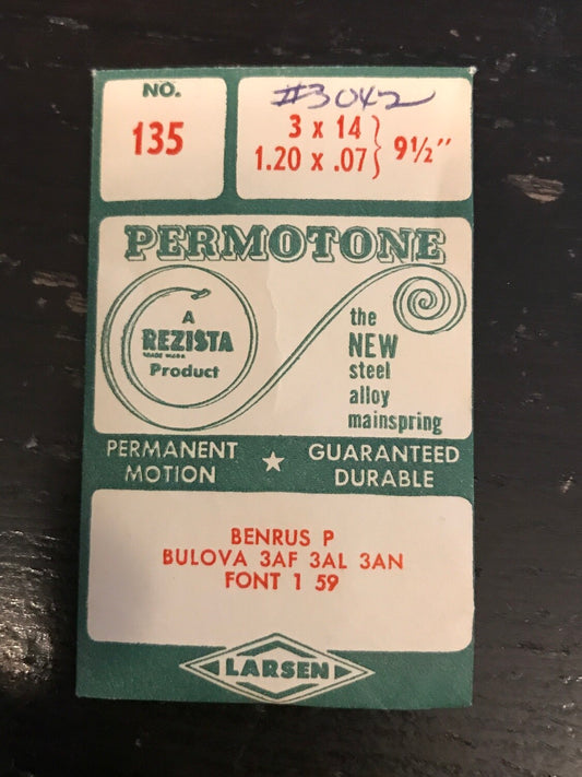 Permotone Unbreakable Mainspring #135 for Bulova 3AF, 3AL, 3AN, Benrus - Alloy