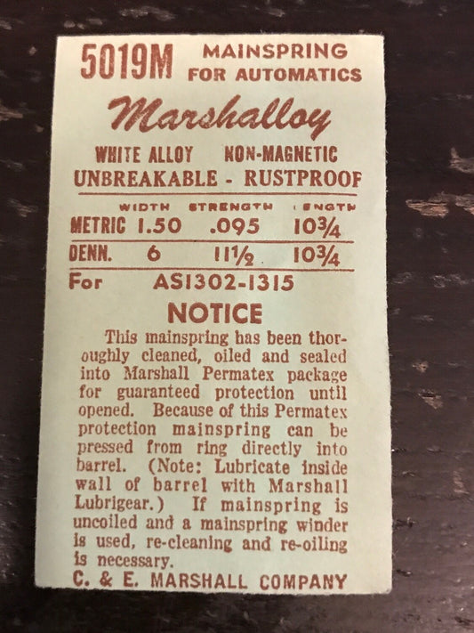 C&E Marshall Marshalloy Mainspring 5019M for A.S. caliber 1302 - 1315 - Alloy