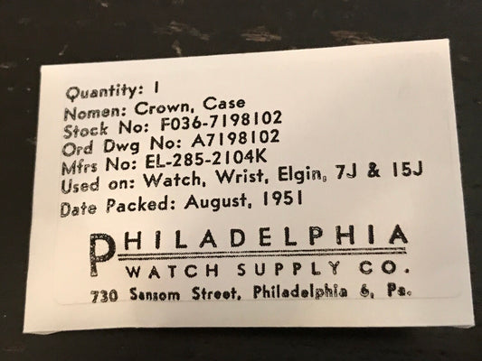 Elgin Factory Crown for Military Issue Elgin 8/0s Grade 539 Wrist Watch