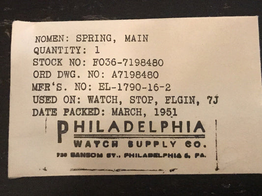 Elgin Factory Mainspring for Military Issue Elgin 16s Stopwatch / Timer in packaging