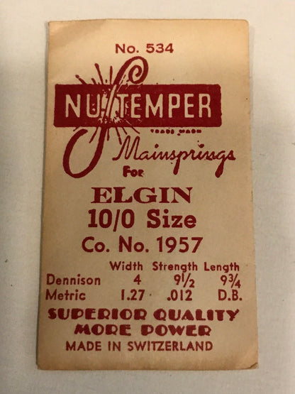 NuTemper Mainspring #534 for 18/0s & 10/0s Elgin Factory No. 1957 - Steel