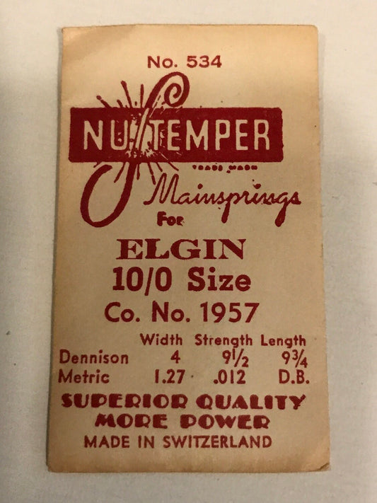 NuTemper Mainspring #534 for 18/0s & 10/0s Elgin Factory No. 1957 - Steel
