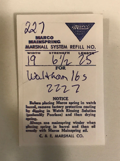 Marco Mainspring #227 for Waltham 16s Factory No. 2227 - Steel