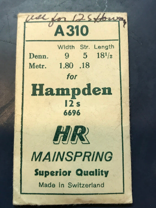 HR Mainspring A310 for 12s Hampden Factory No. 6696 - Steel