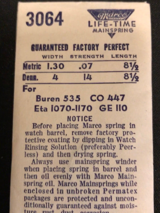 Marco Mainspring #3064 for Buren 535, General 110, Eta 1070, 1170 - Steel