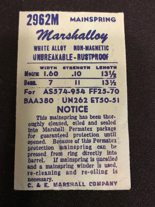 C&E Marshall Marshalloy Mainspring 2962M for Universal 262, Buren 380, AS 574, 954 - Alloy