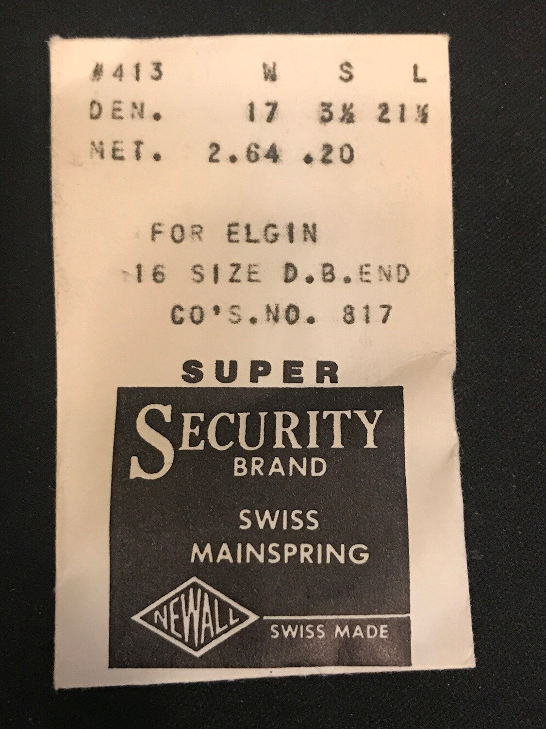 Newall SUPER Mainspring #413 for 16s Elgin #817 - Alloy