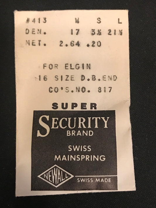 Newall SUPER Mainspring #413 for 16s Elgin #817 - Alloy