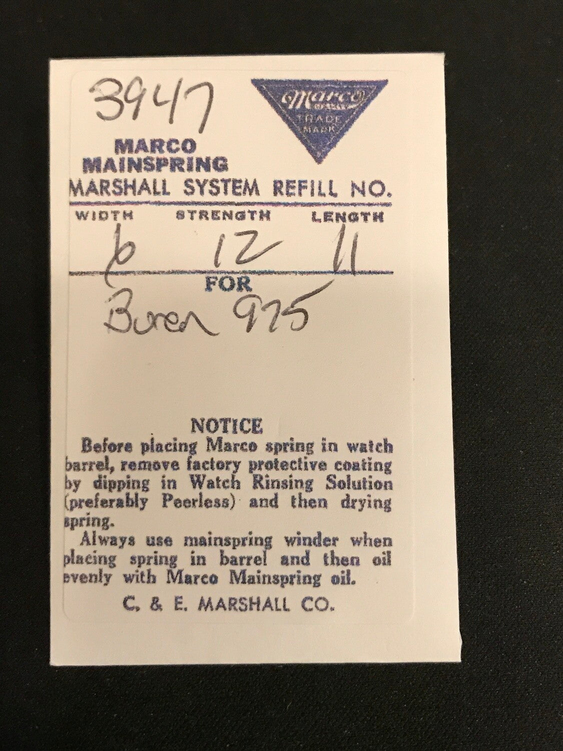Marco Mainspring No. 3947 for Buren 975 - Steel