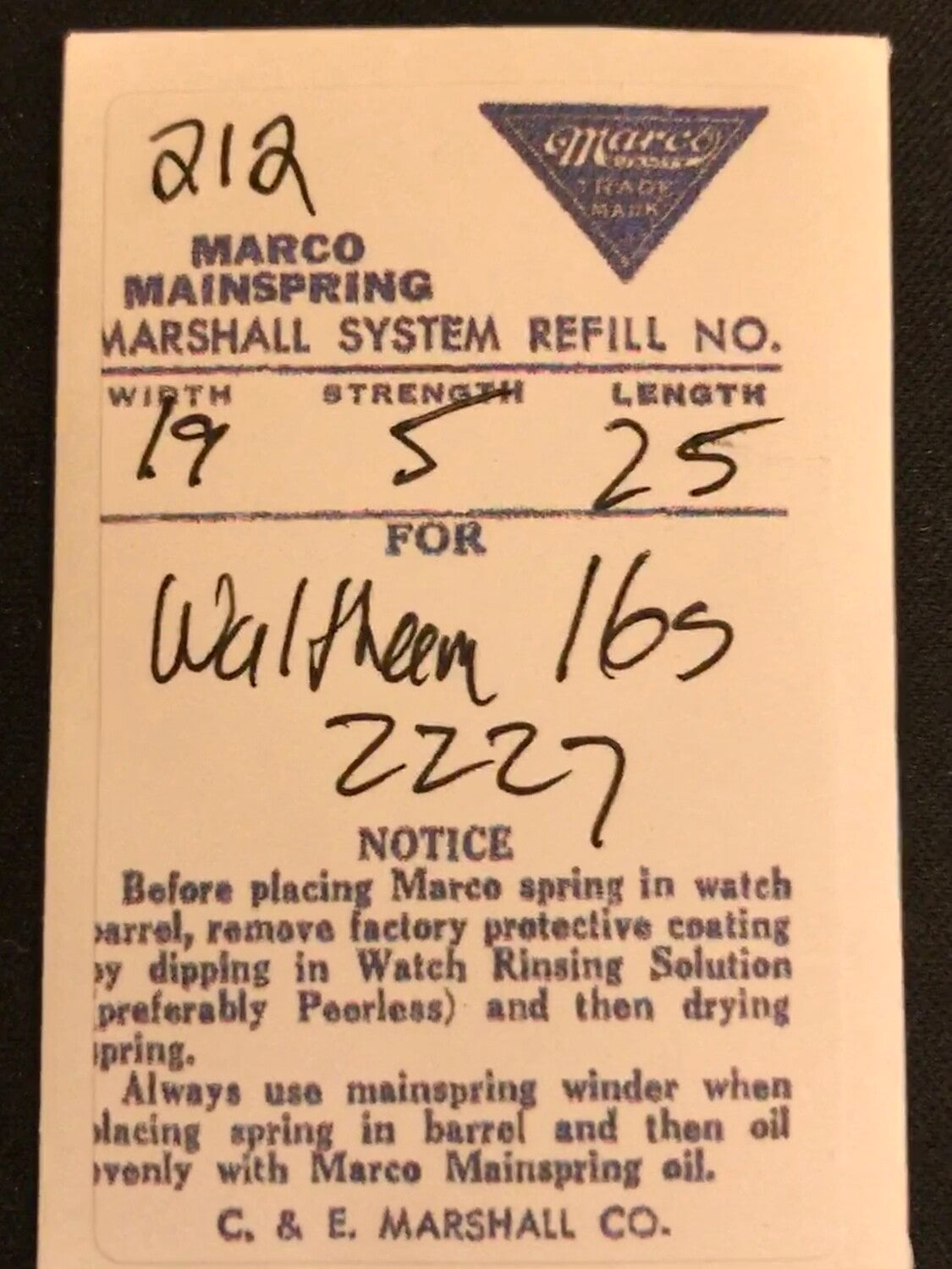 Marco Mainspring #212 for Waltham 16s Factory No. 2227 - Steel