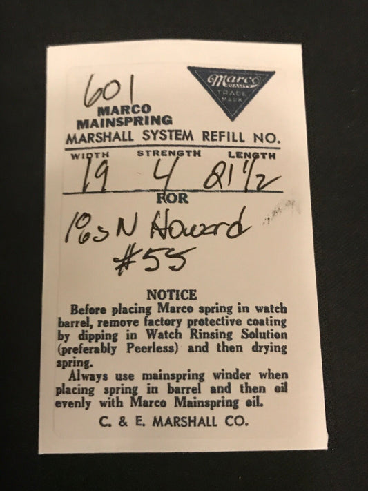 Marco No. 601 Mainspring for 18s E. Howard "N" Model Factory #55 - Steel