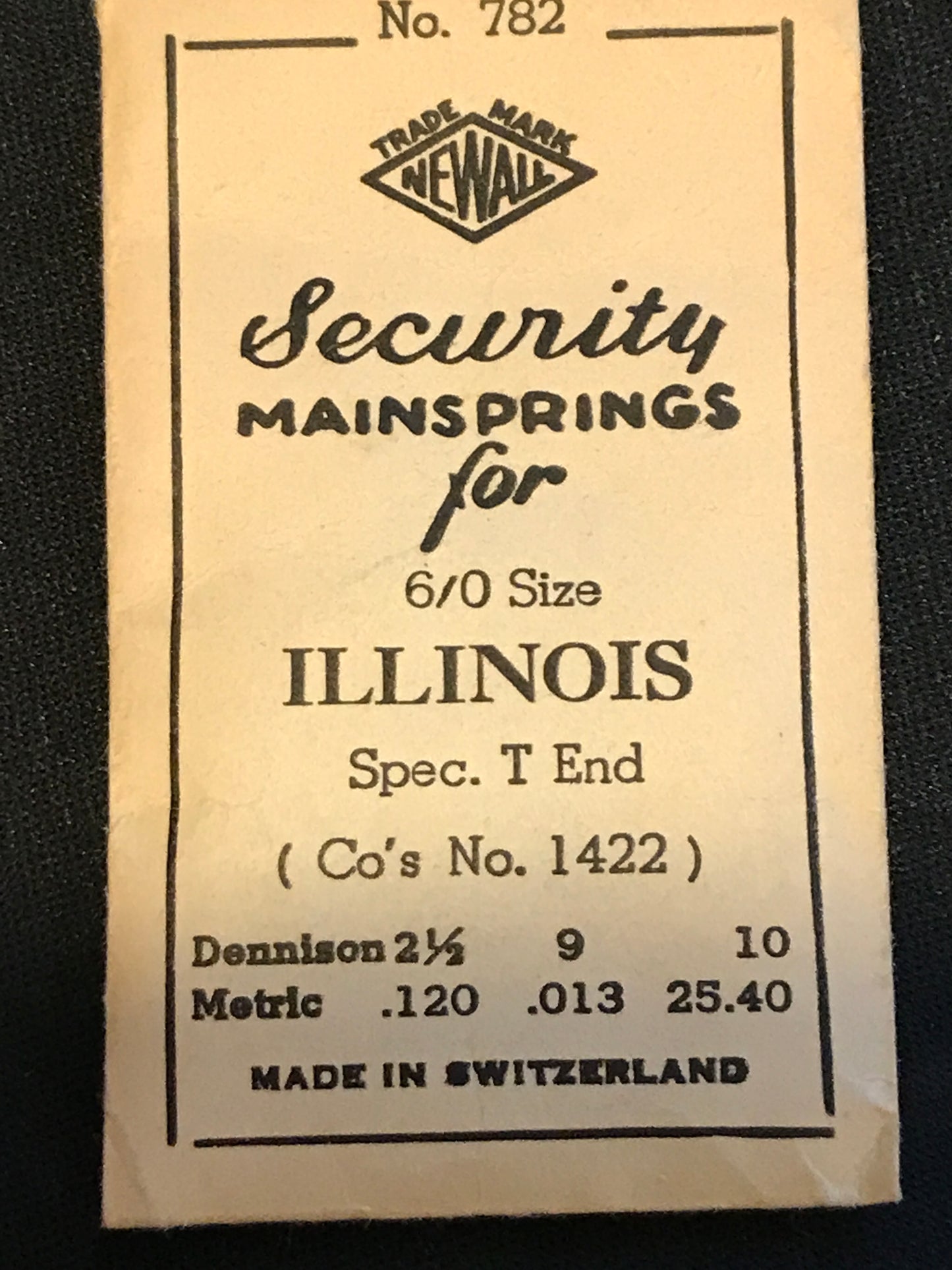 Newall Security #782 Mainspring for Illinois 6/0s Factory No. 47364 - Steel