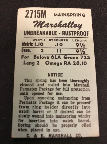 C&E Marshall Marshalloy Mainspring 2715M for Omega RA 28.10, Gruen 723, Bulova 6LA - Alloy