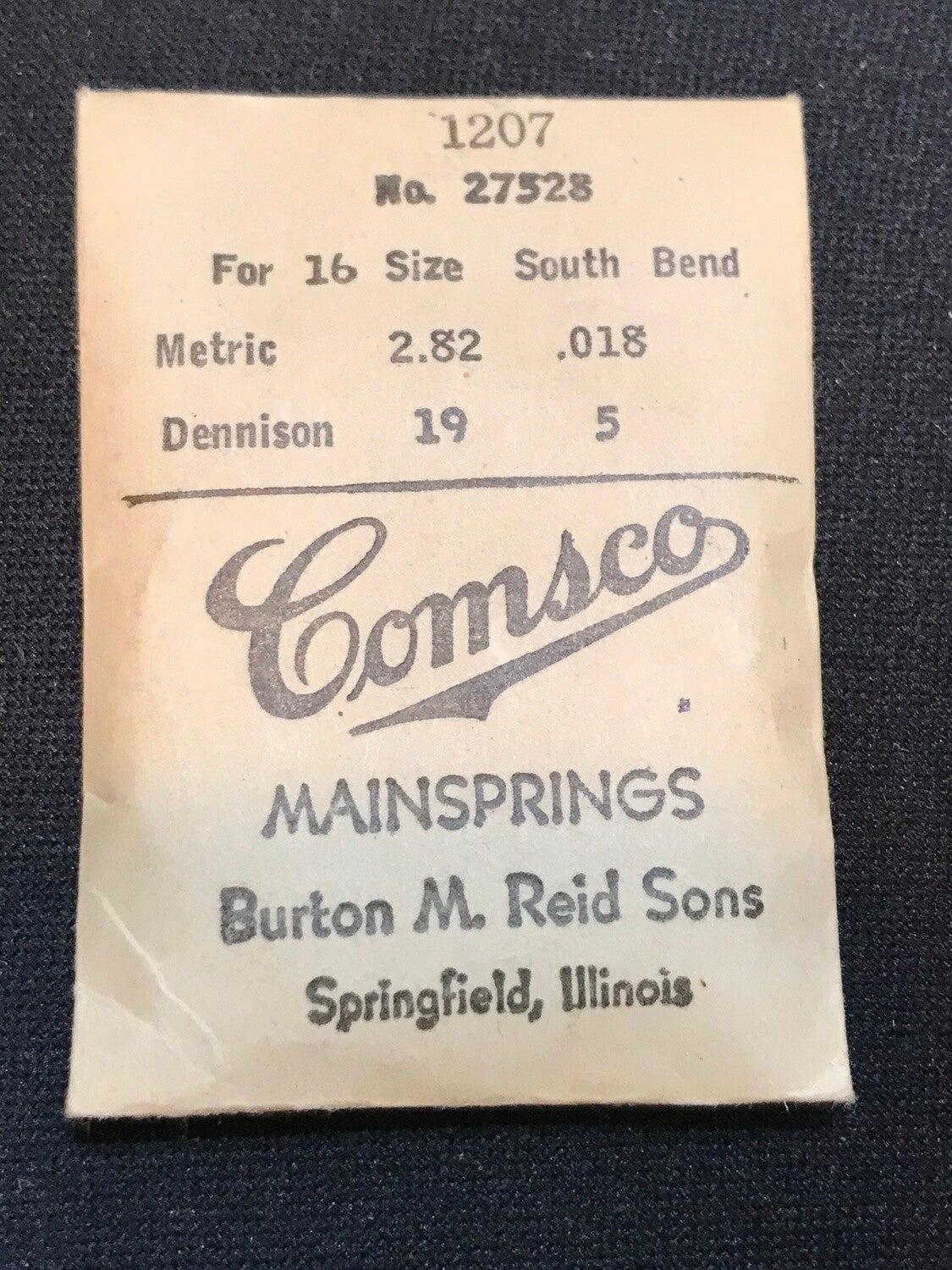 Comsco Mainspring #1207 for 16s South Bend Factory No. 27528 - Steel