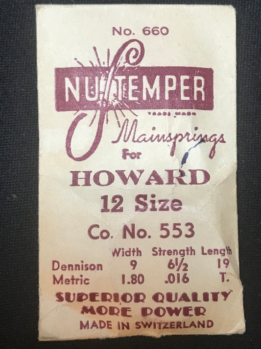 NuTemper Mainspring #660 for Howard 12s Model 1908 Factory No. 553 - Steel