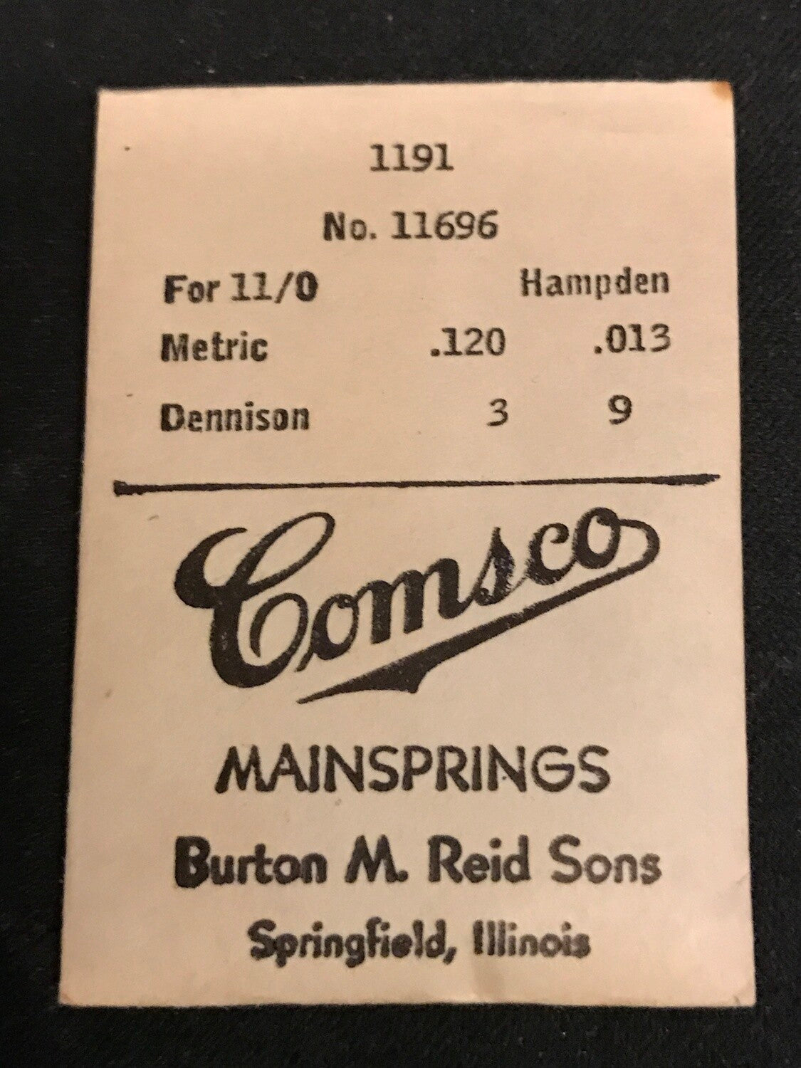 Comsco Mainspring #1191 for 11/0s Hampden Factory #11696 - Steel