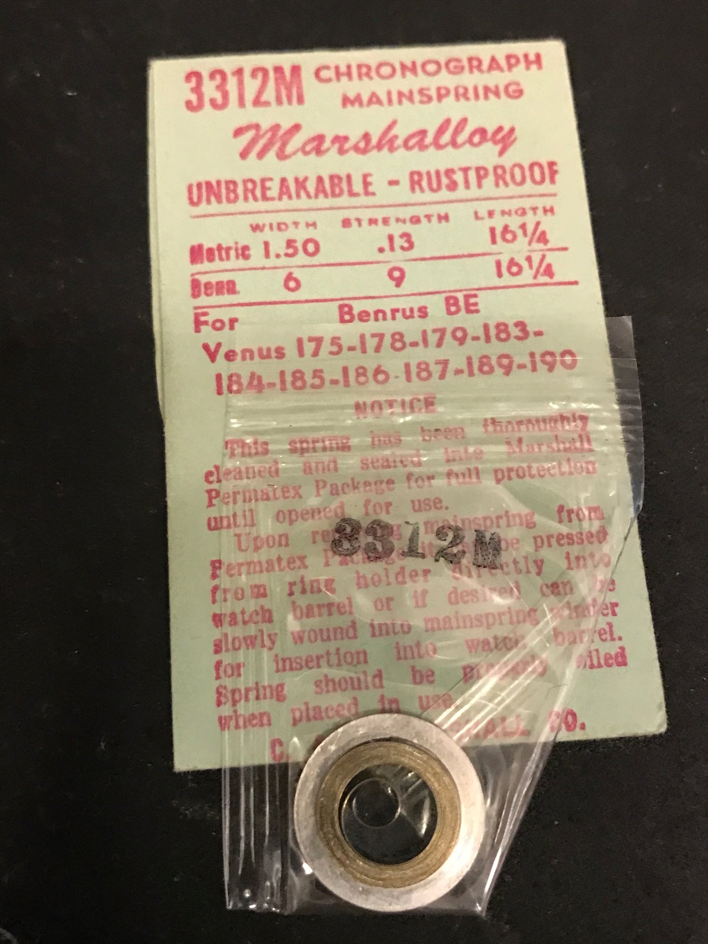 Marshalloy Mainspring 3312M for Venus 175, 176, 178, 179...Chronograph - Alloy