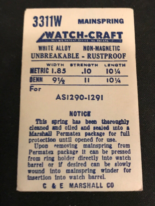 WATCH-CRAFT Mainspring 3311W for A.S. 1290 , 1291 - Alloy