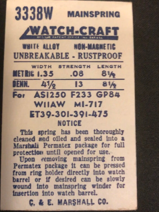WATCH-CRAFT Mainspring 3338W for Wittnauer 11AW, AS 1250, Eterna 39, 301, 391, 475 - Alloy