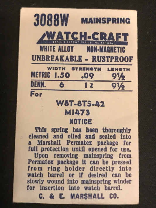 WATCH-CRAFT Mainspring 3088W for Wittnauer 8T, 8TS, 42 - Alloy