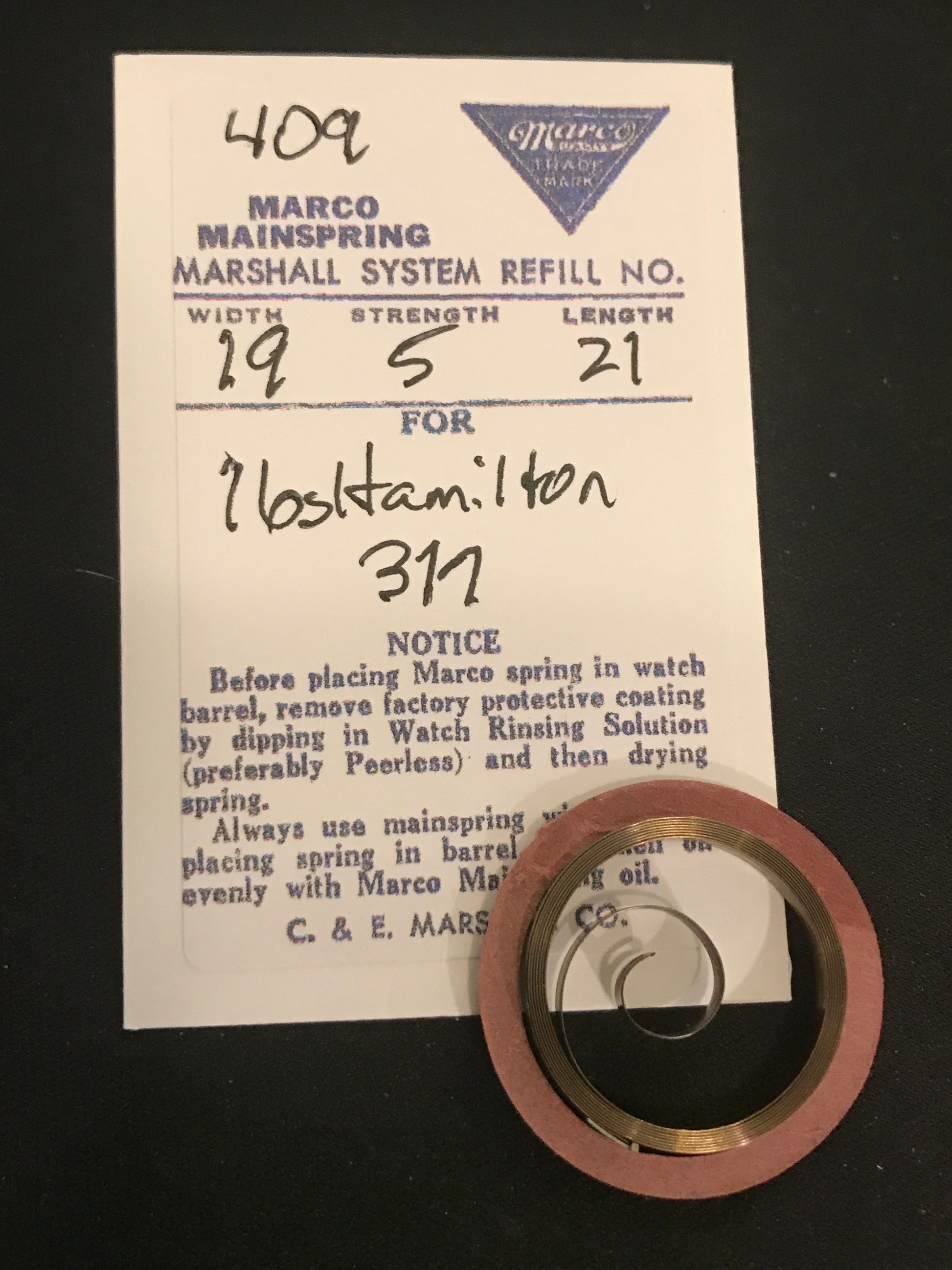 Marco Mainspring #409 for Hamilton 16s Model 960 to 973, No. 317 - Steel