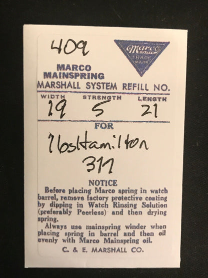 Marco Mainspring #409 for Hamilton 16s Model 960 to 973, No. 317 - Steel