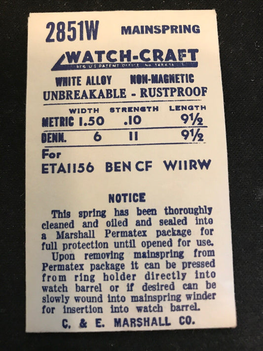 MARCO Mainspring 2851W for Benrus CF, Wittnauer 11RW, ETA 1156 - Alloy
