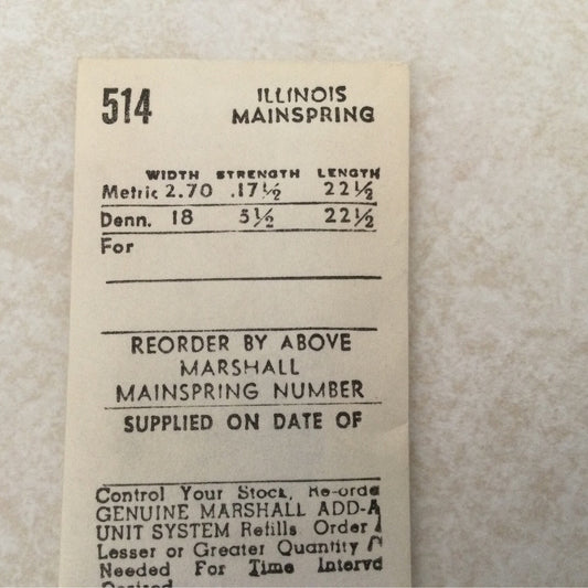 Marco Mainspring #514 for 16s Illinois 17j Factory No. 47327 - Steel