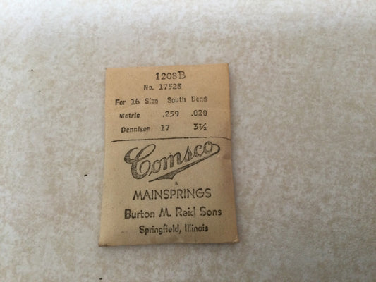 Comsco Mainspring #1208B for 16s South Bend Factory No. 17528 - Steel