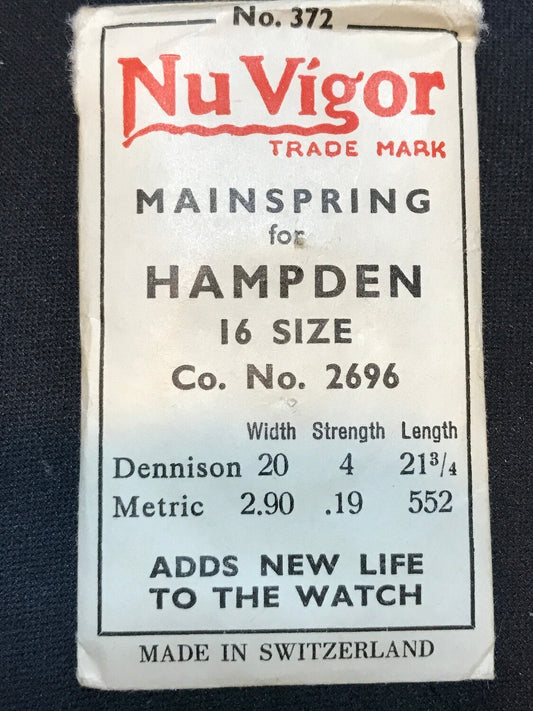 NuVigor Mainspring #372 for 16s Hampden #2696 - Steel