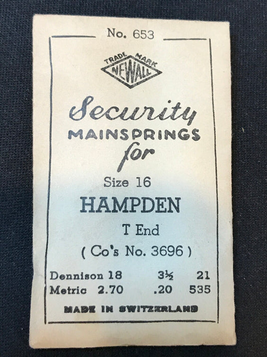 Newall Security Mainspring #653 for 16s Hampden No. 3696 - Steel