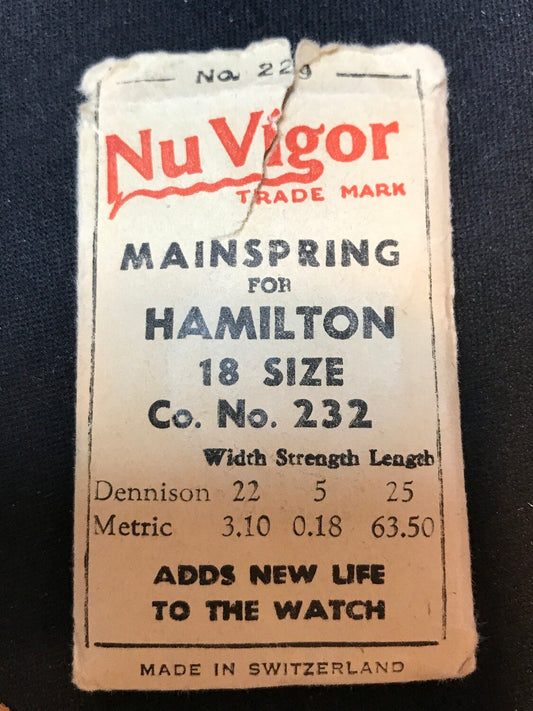 NuVigor Mainspring #229 for Hamilton 18s Factory No. 232 - Steel
