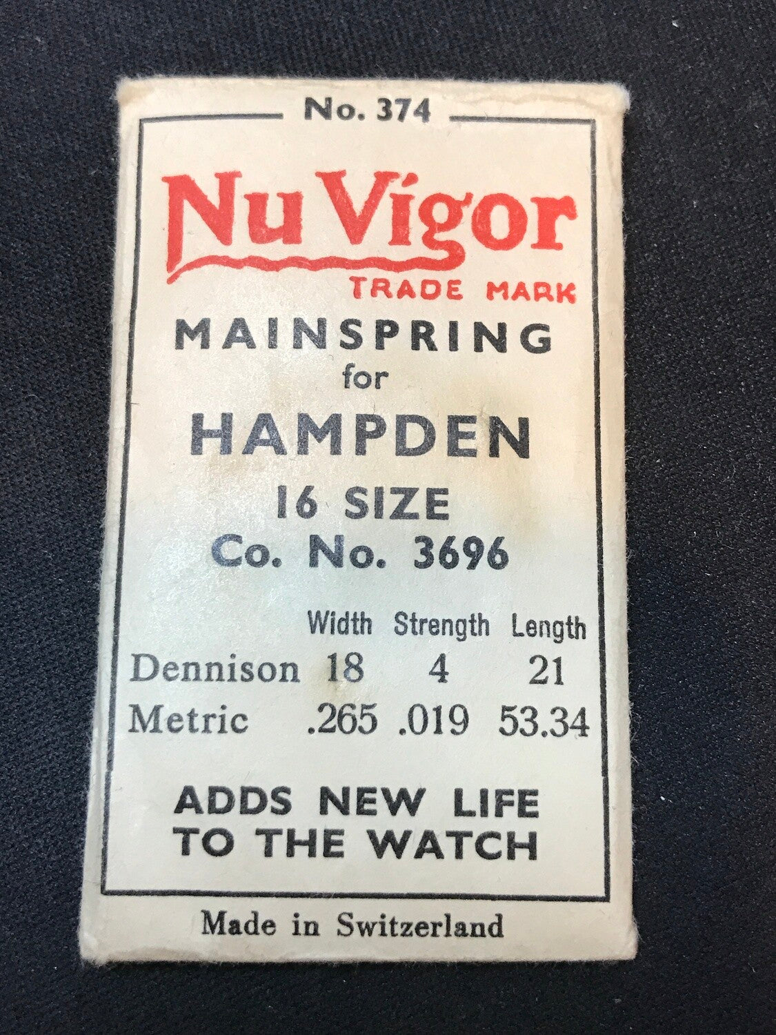 NuVigor Mainspring #374 for 16s Hampden No. 3696 - Steel