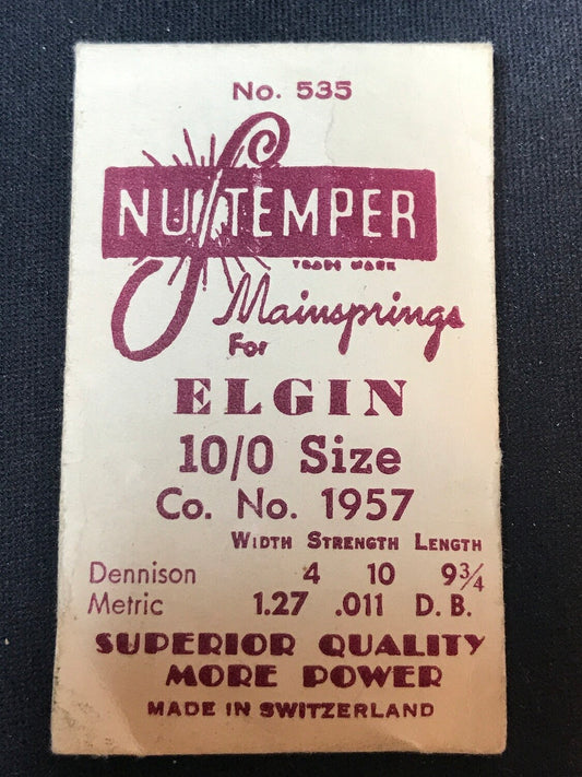 NuTemper Mainspring #535 for 10/0s Elgin Factory No. 1957 - Steel