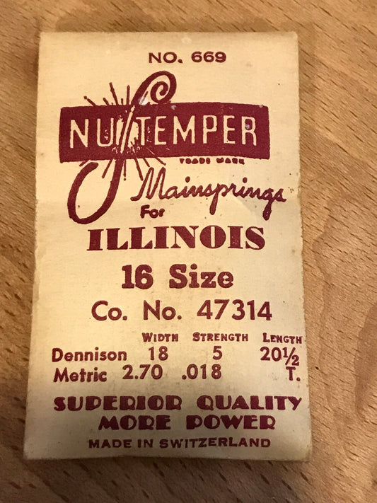 NuTemper Mainspring #669 for Illinois 16s Factory No. 47314 - Steel
